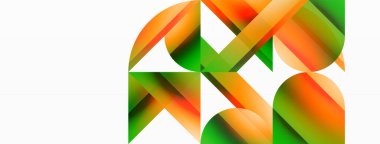 Beyaz zemin üzerinde canlı renk üçgenleri ve daireler dijital tasarımlar, sunumlar, web sitesi afişleri, sosyal medya paylaşımları için büyüleyici ve uyumlu bir kompozisyon oluşturmak için iç içe geçmiştir.