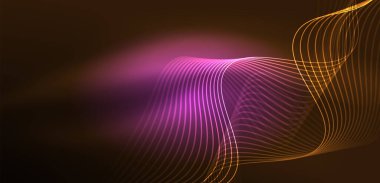 Parlak neon dalgalar. Neon ışığı ya da lazer gösterisi, elektrik akımı, güç hatları, tekno kuantum enerji dürtüsü, parlayan sihirli dinamik çizgiler.