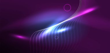 Neon çizgileri ve dalgalar soyut arkaplan. Duvar kağıdı, pankart, arkaplan, iniş sayfası, duvar sanatı, davetiye, baskılar, posterler için parlayan tekno neon şekiller vektör ilülasyonu