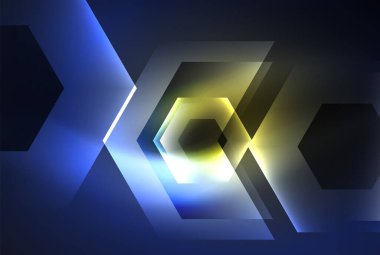 Arrow altıgen neon ışığı arka planı parlatır. Duvar kağıdı, bayrak, arkaplan, kart, kitap illüstrasyonu için vektör illüstrasyonu, iniş sayfası