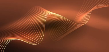 Parlak neon dalgalar. Neon ışığı ya da lazer gösterisi, elektrik akımı, güç hatları, tekno kuantum enerji dürtüsü, parlayan sihirli dinamik çizgiler.