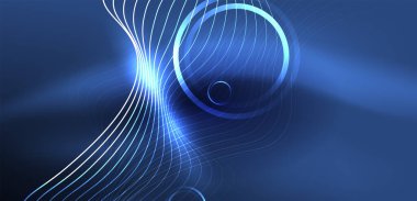 Neon lazer hatları, daire dalgaları soyut arkaplan. Neon ışığı ya da lazer gösterisi, elektrik akımı, güç hatları, tekno kuantum enerji dürtüsü, parlayan sihirli dinamik çizgiler.