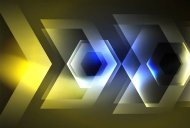 Arrow altıgen neon ışığı arka planı parlatır. Duvar kağıdı, bayrak, arkaplan, kart, kitap illüstrasyonu için vektör illüstrasyonu, iniş sayfası