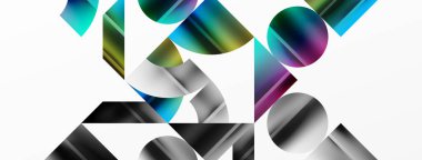 Renkli metalik daireler ve üçgenler ile zarif minimalist arka plan, duvar kağıdı, afiş, arkaplan, iniş sayfası için geometrik şekillerin uyumlu bileşimini oluşturur