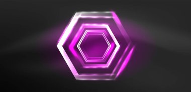 Altıgen soyut arkaplan. Duvar kağıdı, afiş, arkaplan, iniş sayfası, duvar sanatı, davetiye, baskılar için tekno parlayan neon altıgen şekiller vektör ilüstrasyonunu şekillendirir
