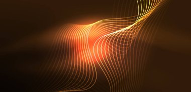 Parlak neon dalgalar. Neon ışığı ya da lazer gösterisi, elektrik akımı, güç hatları, tekno kuantum enerji dürtüsü, parlayan sihirli dinamik çizgiler.