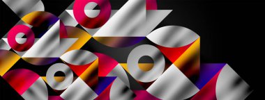 Üçgenlerin, çizgilerin ve yuvarlak elementlerin uyumlu etkileşimlerini içeren mozaik desen yapısı, posterler, kapaklar, broşürler, web siteleri için görsel olarak çekici ve dinamik bir tasarım yaratıyor