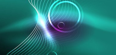 Neon çizgileri ve dalgalar soyut arkaplan. Duvar kağıdı, pankart, arkaplan, iniş sayfası, duvar sanatı, davetiye, baskılar, posterler için parlayan tekno neon şekiller vektör ilülasyonu