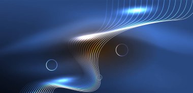 Neon çizgileri ve dalgalar soyut arkaplan. Duvar kağıdı, pankart, arkaplan, iniş sayfası, duvar sanatı, davetiye, baskılar, posterler için parlayan tekno neon şekiller vektör ilülasyonu