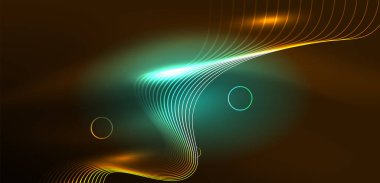 Neon çizgileri ve dalgalar soyut arkaplan. Duvar kağıdı, pankart, arkaplan, iniş sayfası, duvar sanatı, davetiye, baskılar, posterler için parlayan tekno neon şekiller vektör ilülasyonu