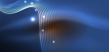 Parlak neon dalgalar. Neon ışığı ya da lazer gösterisi, elektrik akımı, güç hatları, tekno kuantum enerji dürtüsü, parlayan sihirli dinamik çizgiler.