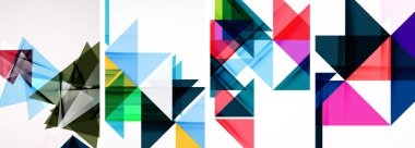 Renkli üçgen poster kapağı şablonu seti. Duvar kağıdı, bayrak, arkaplan, kart, kitap illüstrasyonu için vektör illüstrasyonu, iniş sayfası