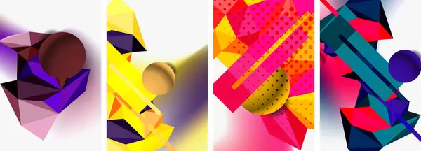 Set Geometrischer Abstrakter Kompositionen Mit Kugeln Und Dreiecken Vektor Illustration — Stockvektor