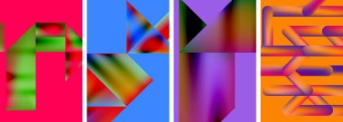Renkli geometrik posterler, yuvarlak şekiller ve sıvı renk eğimli daireler. Duvar kağıdı, kartvizit, kapak, poster, afiş, broşür, başlık, web sitesi için soyut arkaplan