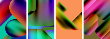 Renkli geometrik posterler, yuvarlak şekiller ve sıvı renk eğimli daireler. Duvar kağıdı, kartvizit, kapak, poster, afiş, broşür, başlık, web sitesi için soyut arkaplan