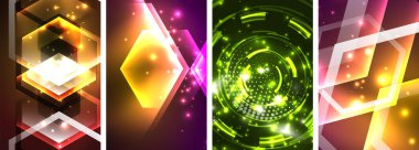 Parlayan parlak ışık geometrik şekiller posterler. Duvar kağıdı, bayrak, arkaplan, kart, kitap illüstrasyonu için vektör illüstrasyonu, iniş sayfası