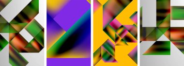 Renkli geometrik posterler, yuvarlak şekiller ve sıvı renk eğimli daireler. Duvar kağıdı, kartvizit, kapak, poster, afiş, broşür, başlık, web sitesi için soyut arkaplan