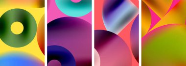 Yuvarlak geometrik elementleri ve daireleri olan renkli posterler. Duvar kağıdı, bayrak, arkaplan, kart, kitap illüstrasyonu için vektör illüstrasyonu