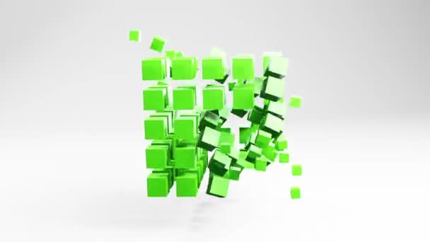 光空间的立方体绿色形状构造 抽象动画运动图形 带彩色空间的视频几何3D背景 用飞片制成的彩色几何形状 — 图库视频影像