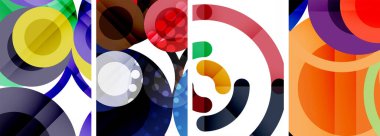 Soyut çember poster setiyle geometrik zarafet dünyası. Çemberler şekiller ve renkler senfonisiyle sarmalanır. Tasarımınız için çağdaş bir görsel ziyafet sunar.