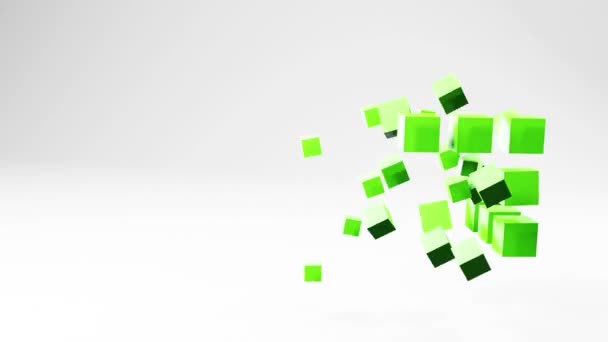 光空間のキューブグリーン形状構造 抽象アニメーションモーショングラフィックス コピースペースを備えたビデオ幾何学3Dバックグラウンド 飛行ピースで作られたカラー幾何学的な形状 — ストック動画
