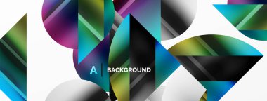 Renkli metalik daireler ve üçgenler ile zarif minimalist arka plan, duvar kağıdı, afiş, arkaplan, iniş sayfası için geometrik şekillerin uyumlu bileşimini oluşturur