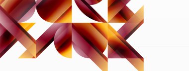 Beyaz zemin üzerinde canlı renk üçgenleri ve daireler dijital tasarımlar, sunumlar, web sitesi afişleri, sosyal medya paylaşımları için büyüleyici ve uyumlu bir kompozisyon oluşturmak için iç içe geçmiştir.