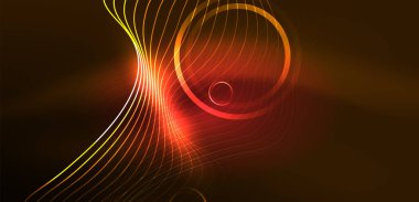 Neon çizgileri ve dalgalar soyut arkaplan. Duvar kağıdı, pankart, arkaplan, iniş sayfası, duvar sanatı, davetiye, baskılar, posterler için parlayan tekno neon şekiller vektör ilülasyonu