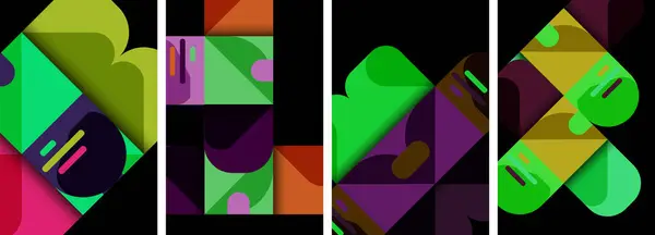 Geometrische Bunte Plakathintergründe Mit Quadraten Und Kreisen — Stockvektor