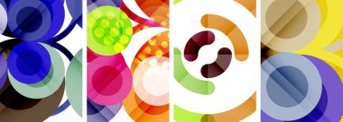 Soyut çember poster setiyle geometrik zarafet dünyası. Çemberler şekiller ve renkler senfonisiyle sarmalanır. Tasarımınız için çağdaş bir görsel ziyafet sunar.