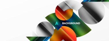 Renkli metalik daireler ve üçgenler ile zarif minimalist arka plan, duvar kağıdı, afiş, arkaplan, iniş sayfası için geometrik şekillerin uyumlu bileşimini oluşturur