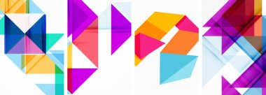 Renkli üçgen poster kapağı şablonu seti. Duvar kağıdı, bayrak, arkaplan, kart, kitap illüstrasyonu için vektör illüstrasyonu, iniş sayfası