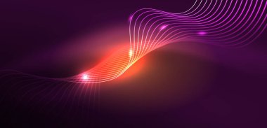 Parlak neon dalgalar. Neon ışığı ya da lazer gösterisi, elektrik akımı, güç hatları, tekno kuantum enerji dürtüsü, parlayan sihirli dinamik çizgiler.