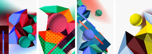 Set Geometric Abstract Composition Spheres Triangles Vector Illustration Wallpaper Banner — Stock Vector