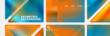 A vibrant collection of geometric backgrounds featuring azure and electric blue triangles mixed with orange hues, creating a colorful and symmetrical pattern for artistic designs clipart
