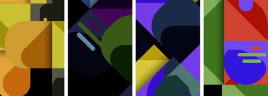 Mor, mor, morumsu ve eflatun renkli renkli kolaj dikdörtgen ve üçgenlerin geometrik desenleri, sanatsal bir simetri ve organizmaya benzer şekiller oluşturur.