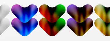 Renkli kalplerin simetrik deseni mor, elektrik mavisi ve diğer canlı renkler beyaz arka planda sıralanmış, her bir kalp ince siyah kenarlı