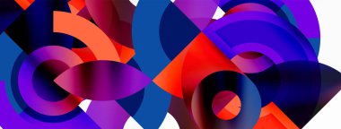 Renkli geometrik desenli canlı bir tablo. Mor, mor ve elektrik mavisi tonlarında daireler ve kareler. Beyaz arka planda simetri ve sanatsal özellikler sergiliyor.