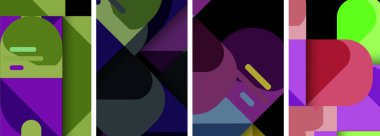 Morun, morun, morun, menekşenin tonlarında dört renkli geometrik desenli canlı bir kolaj ve daha fazlası parlak siyah arka planda, simetri ve sanatsal tasarım sergiliyor.