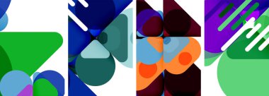 Farklı tonlarda çeşitli geometrik şekillerden oluşan sanatsal bir kompozisyon. Dikdörtgenler, daireler ve üçgenler beyaz arkaplanda elektrik mavi aksanlı simetrik bir model oluştururlar.