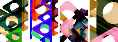 Dikdörtgenler, üçgenler ve morumsu gölgelerdeki desenler gibi çeşitli renkli geometrik şekiller beyaz arka planda yaratıcı sanat ve simetri gösteren görsel olarak canlandırıcı bir sanat eseri oluşturur.