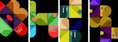 Değişen renklerde dört dikdörtgen kolajı ve siyah arka planda elektrik mavisi tonlarını içeren, görsel sanatlarda simetri ve desen gösteren yaratıcı sanat armatürü.