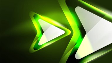 Neon yeşil üçgen logosu. Parlayan mavi oklar zıt yönleri gösteriyor. Görsel efektlerle simetrik desenler yaratıyor.