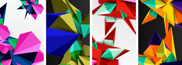 白い背景に4つの異なる色の三角形のコラージュをフィーチャーしたクリエイティブアート作品 対称性と活気に満ちた色合いと色合いを展示 — ストックベクタ