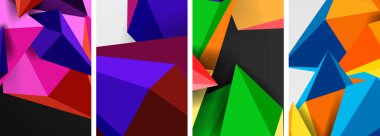 Menekşe, morumsu ve diğer renkler de dahil olmak üzere canlı renkli üçgenler beyaz bir arkaplanda dizilmiştir. Bu renkli desen dikdörtgen tuvalde sanatsal bir görüntü oluşturur.