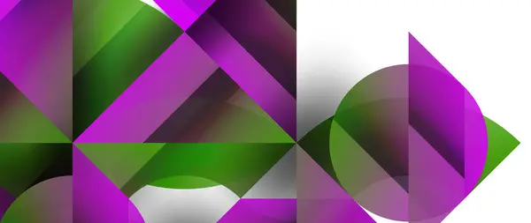具有紫色和绿色三角形 矩形和花瓣图案的白色背景的创造性艺术作品 展示对称和材料特性 — 图库矢量图片