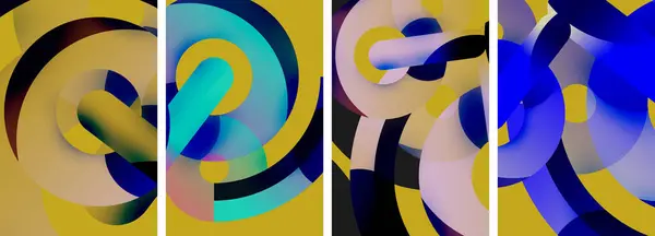Vibrante Collage Quattro Diversi Vortici Colorati Uno Sfondo Giallo Che — Vettoriale Stock
