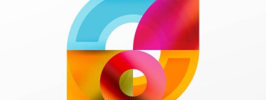 Ortasında bir daire olan, elektrik mavisi ve morun tonları ve renkleriyle çevrili sanatsal bir logo. Tasarım kalın bir yazı tipi, geometrik desenler ve modern bir plastik kaplama içerir.