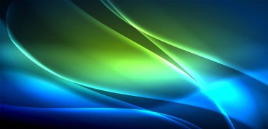 Koyu bir zemin üzerinde neon mavisi ve canlı yeşil bir sıvı dalgası, mor ve menekşe rengi ipuçlarıyla renkli bir gökyüzünü andırıyor.