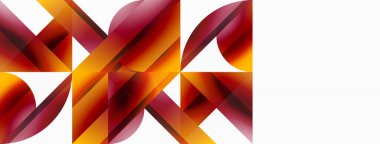 Kırmızı ve sarı geometrik desen, beyaz bir arkaplan üzerine kurulmuş şeftali ve carmine renkleri ve tonlarıyla çiçek açan bir bitkiyi andırıyor.